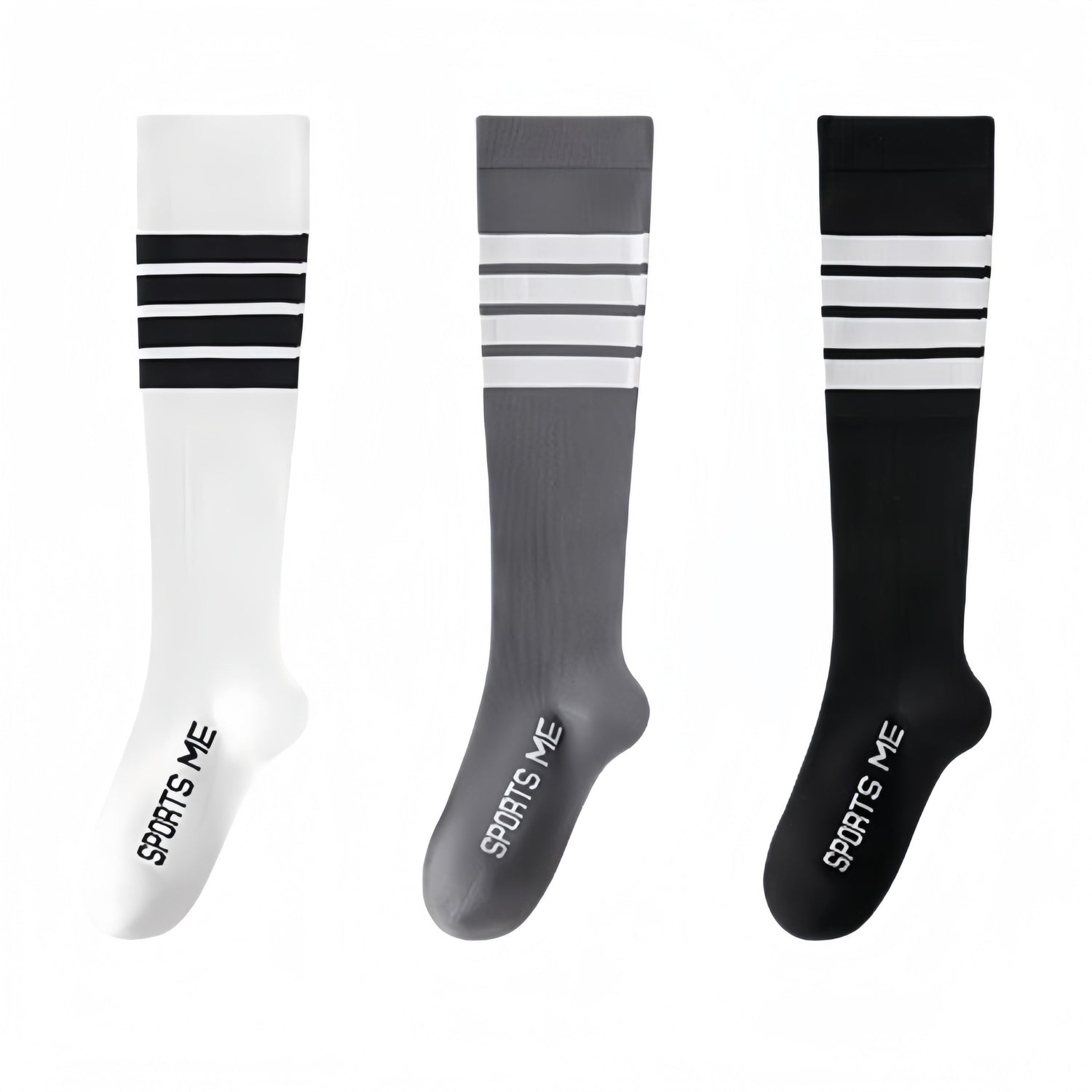 White, grey, and black long compression socks side by side with three-stripe bands