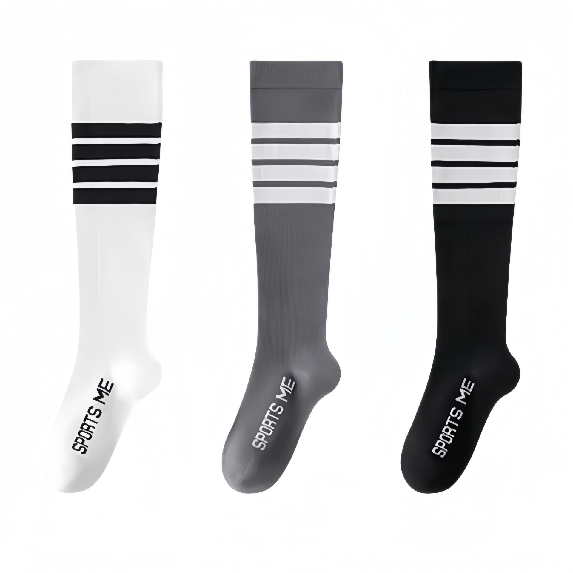White, grey, and black long compression socks side by side with three-stripe bands