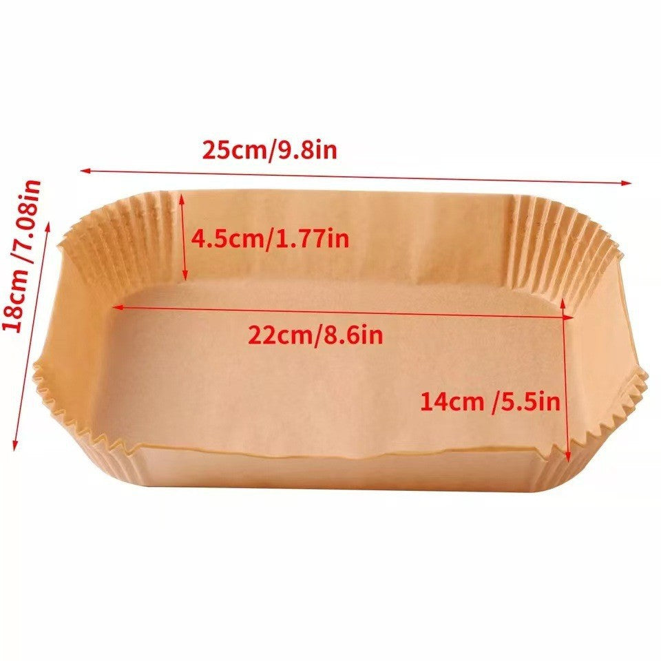 Rectangular wood pulp air fryer liner with printed outer and inner size measurements