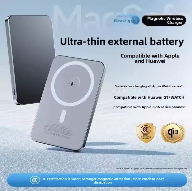 Magnetic power bank shown flat with the charging ring facing up