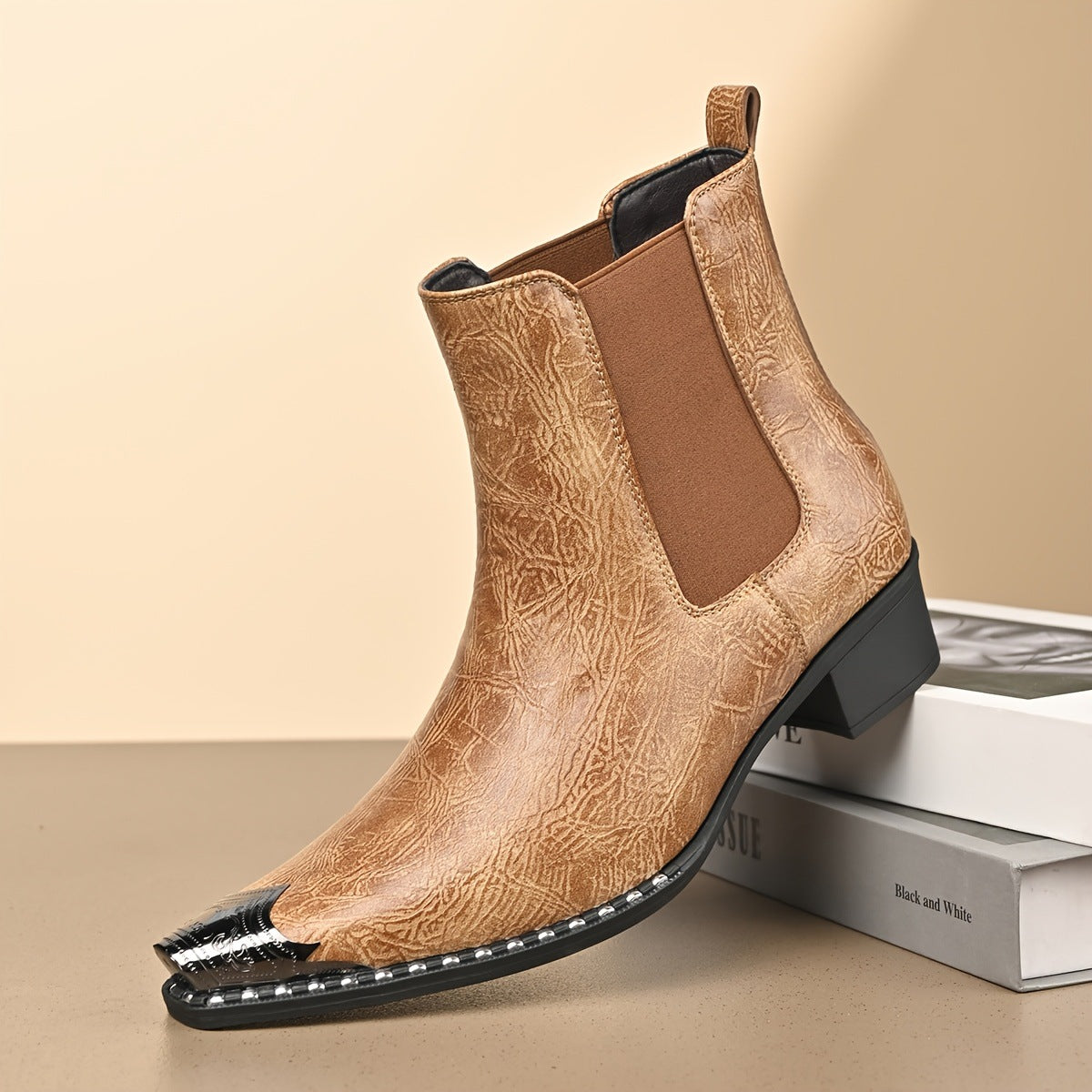 Tan brown men's pointed toe Chelsea boot with crackled finish, elastic side panel and metal toe cap