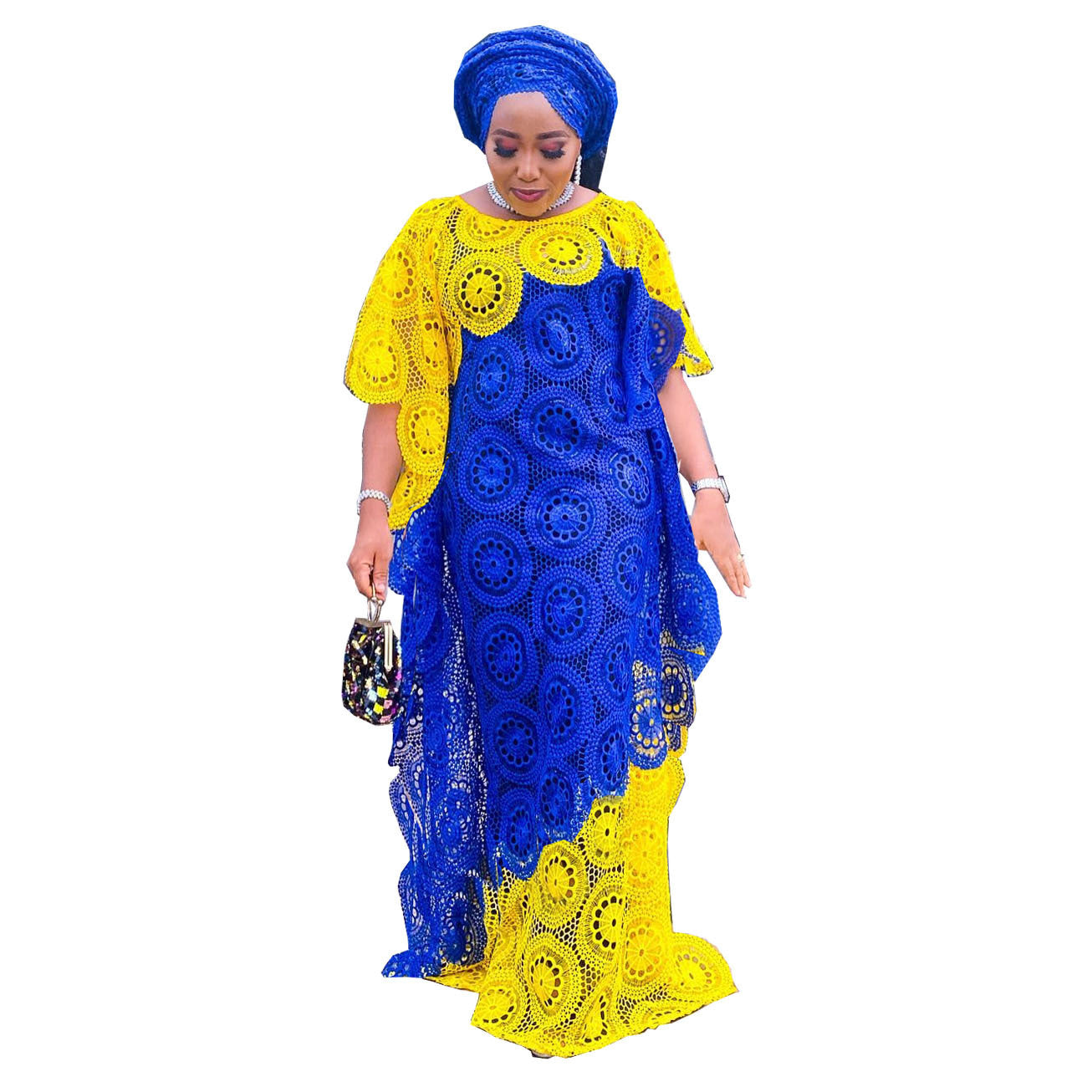 Blue and yellow medallion lace boubou robe with head wrap styling