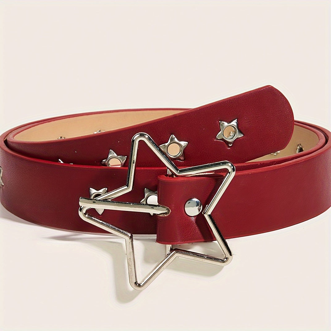 Wine red PU belt with silver open star buckle and small star studs coiled