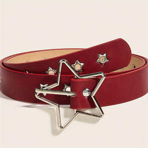 Wine red PU belt with silver open star buckle and small star studs coiled