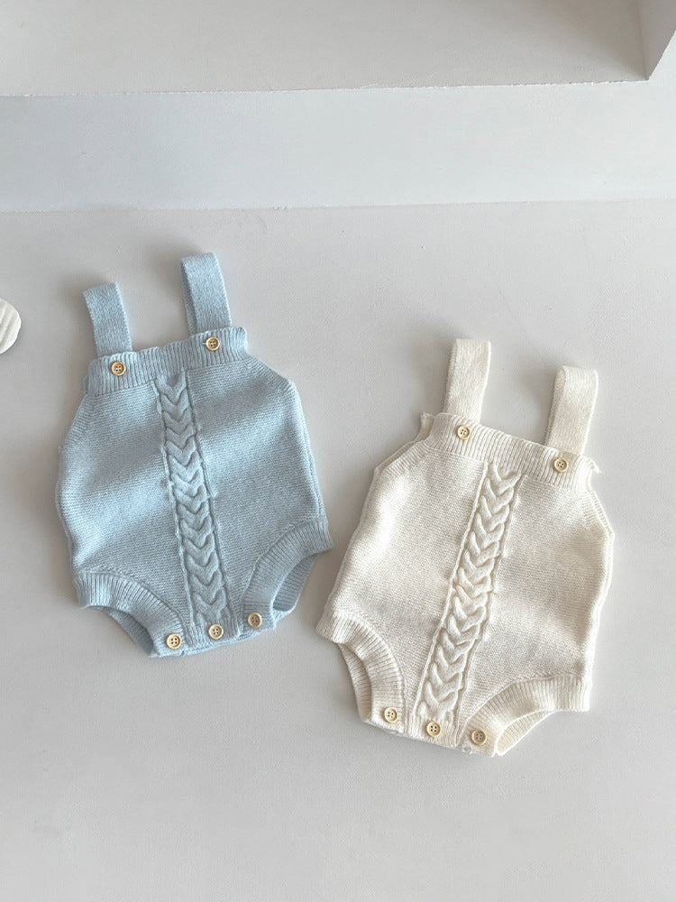 Baby knit cotton romper in blue, front view of the one-piece pull-on shape