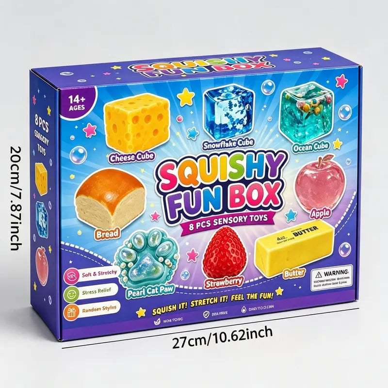 Blue Squishy Fun Box carton shown with its printed measurements, 27 cm wide by 20 cm tall