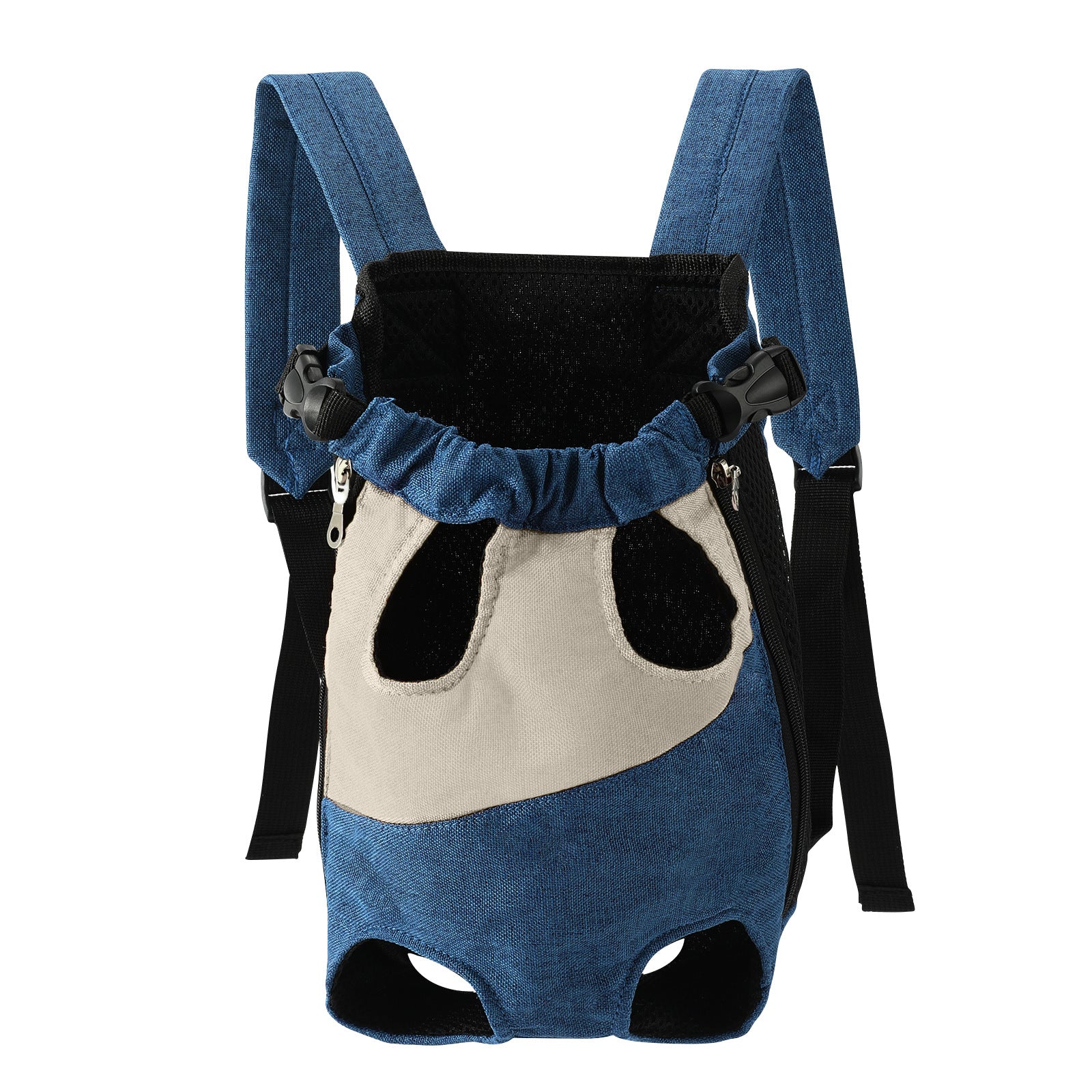 Repeat catalogue view of the denim blue and cream legs out canvas carrier backpack