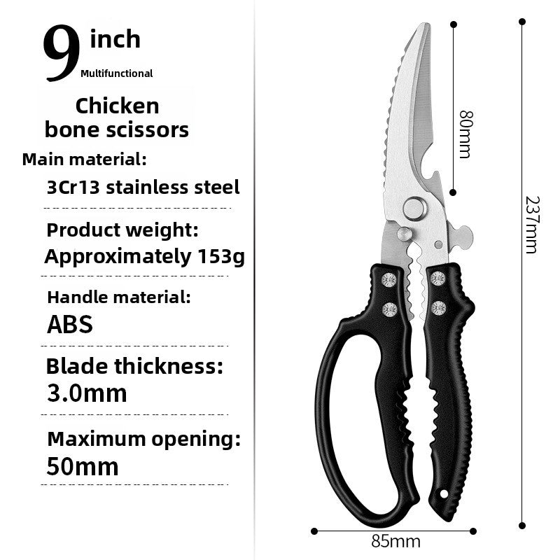 Black kitchen bone shears with a spec panel noting 3Cr13 stainless steel and ABS handle