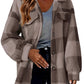 Loose fit plaid sherpa fleece jacket, hip length silhouette worn over denim