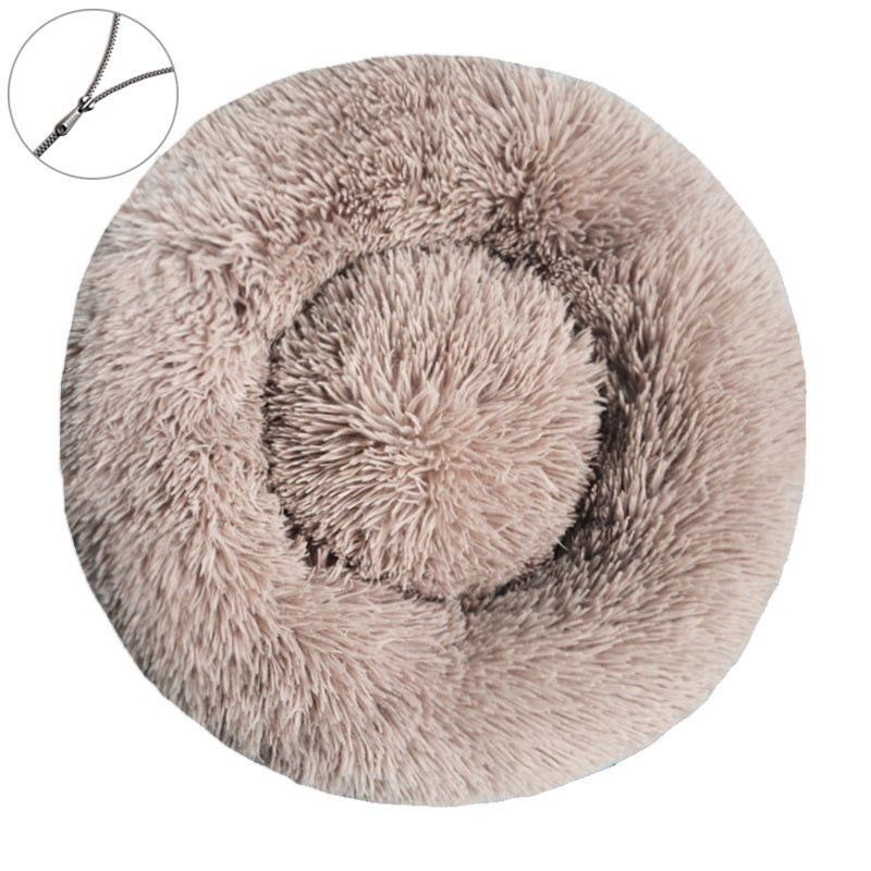 Gray brown round plush pet bed with a raised bolster rim on a plain background