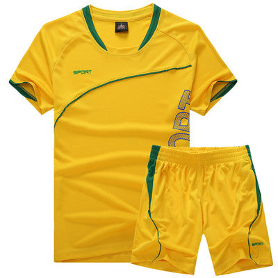 Yellow training set, raglan sleeves and a vertical sport wordmark printed at the side