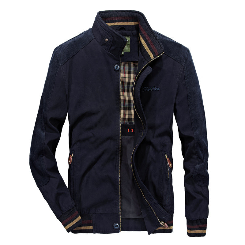 Dark blue stand collar cotton bomber jacket with striped ribbed cuffs and hem, size M option