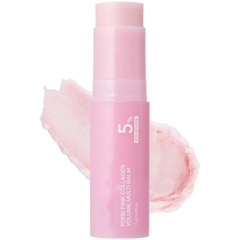 Pink collagen balm skincare product, showing the pink essence stick held in the hand