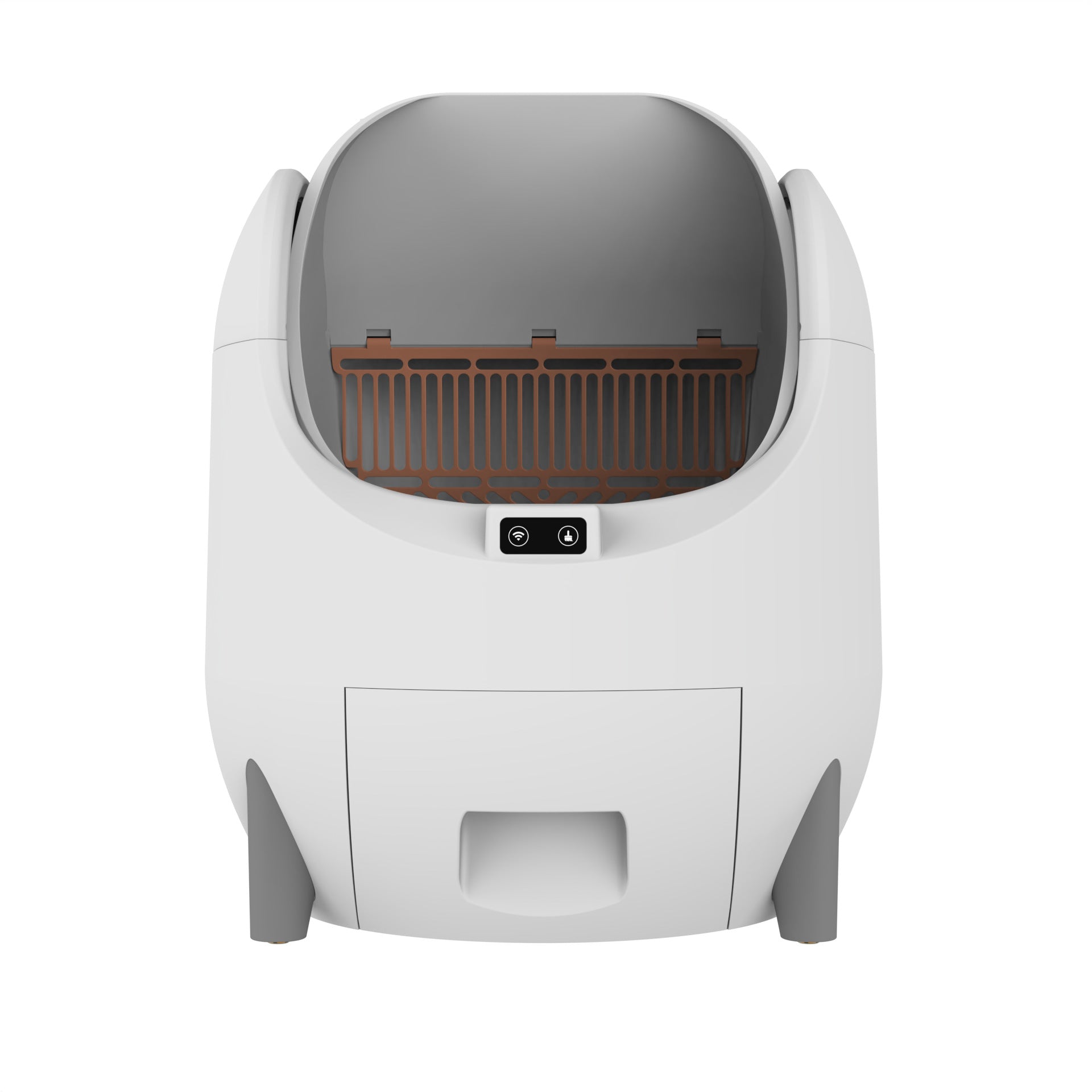 Automatic cat litter box shown next to a cat for size reference