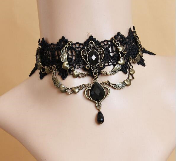 Lace choker necklace with layered alloy chains and glossy teardrop bead tassels