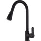 Black pull out kitchen faucet on a white background, gooseneck arch and lever handle in full view