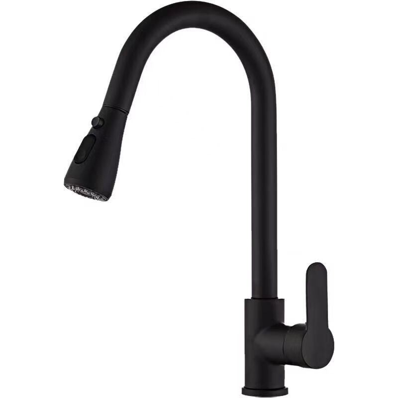 Black pull out kitchen faucet on a white background, gooseneck arch and lever handle in full view