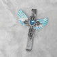 Angel wings cross lighter on white fur with iridescent blue wings and a glittering silver body