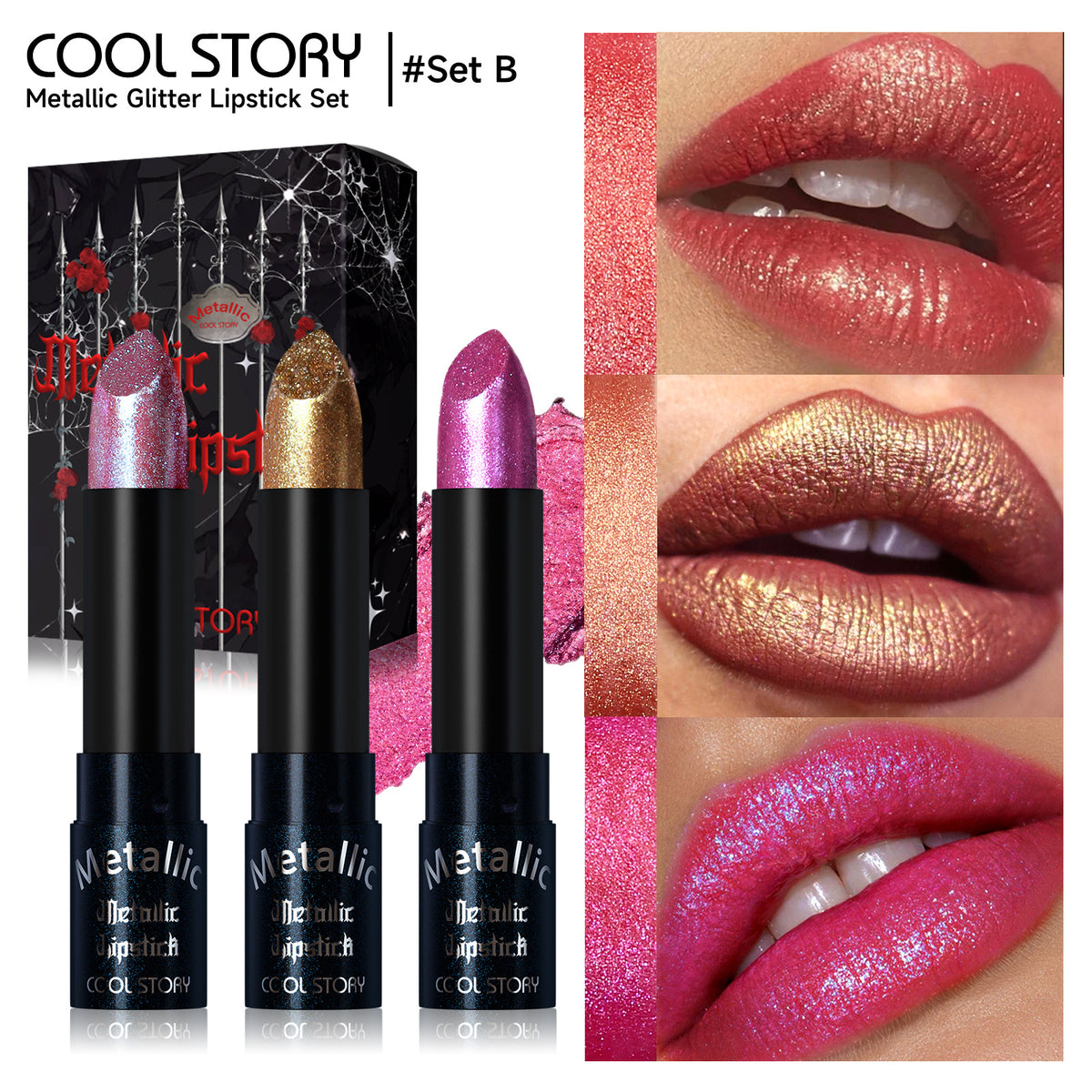 Glitter lipstick set showing metallic shimmer shades swatched on lips