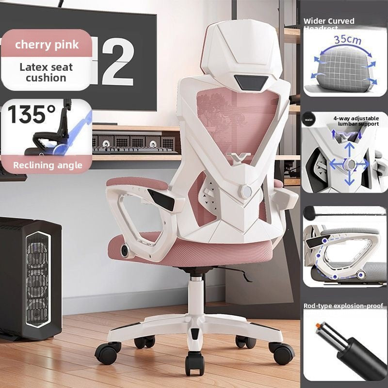 White frame pink mesh high-back mesh computer chair, lumbar support 4-way sliding armrest option