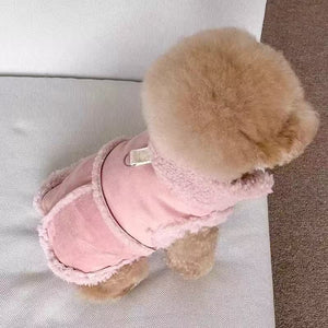 Small dog winter vest in brown faux suede with fleece collar shown flat with a leash