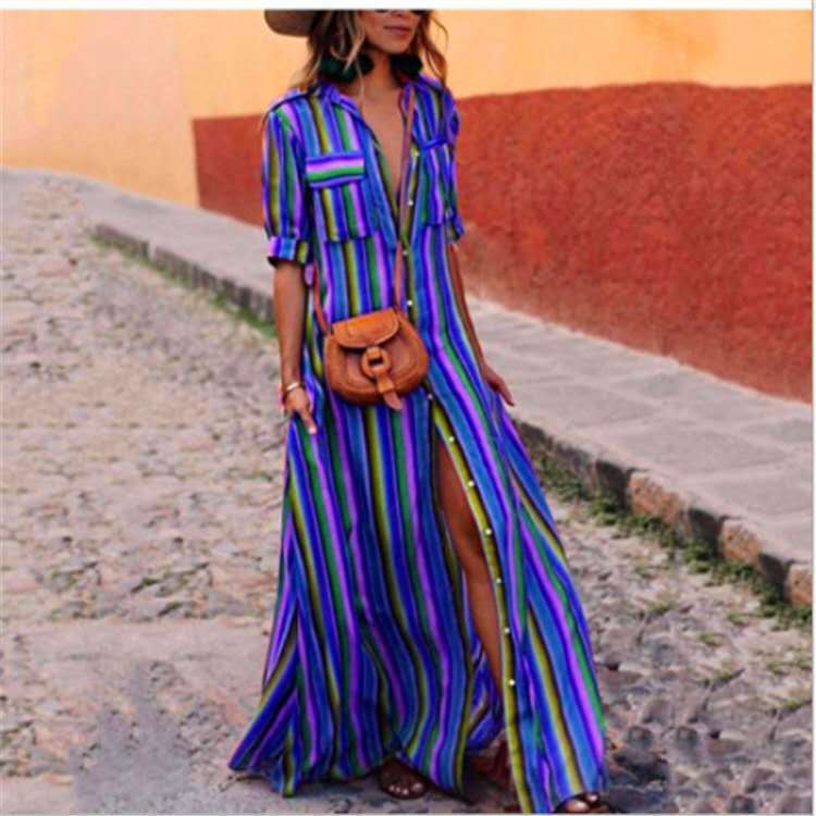 Front view of the rainbow striped button down maxi shirt dress on a model