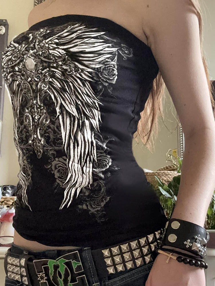 Side view of the black tube top showing the winged cross print with roses on the front and a slim fit