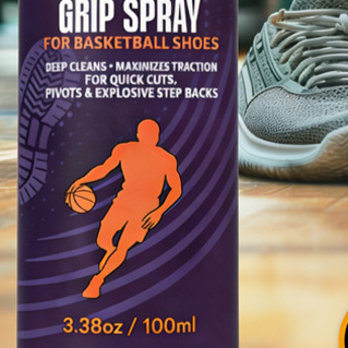Close view of the basketball shoe grip spray bottle label and player graphic