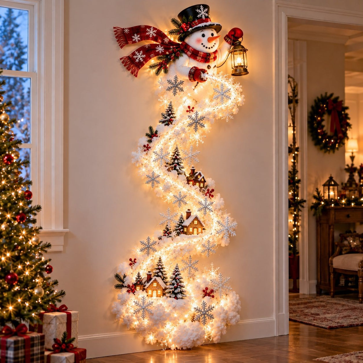 Illustrated Christmas wall display with a snowman in a red scarf with winding lights and cotton clouds, Snowman option