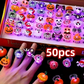 Fifty piece box of Halloween themed LED light up finger rings in assorted designs