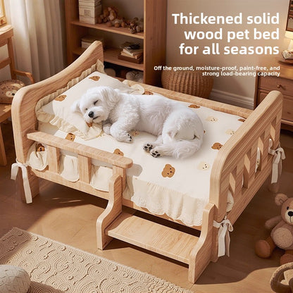 Small white dog resting on a raised solid wood pet bed with bear print bedding in a bright room
