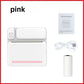 White thermal printer with a pink stripe beside its manual, USB cable and paper roll, C19 pink option