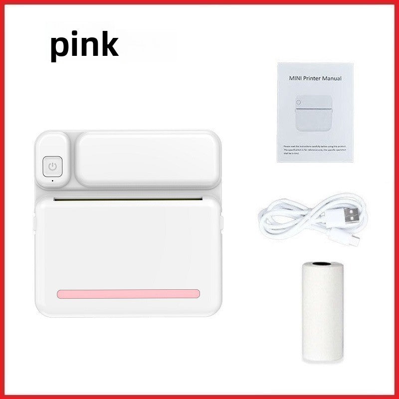 White thermal printer with a pink stripe beside its manual, USB cable and paper roll, C19 pink option