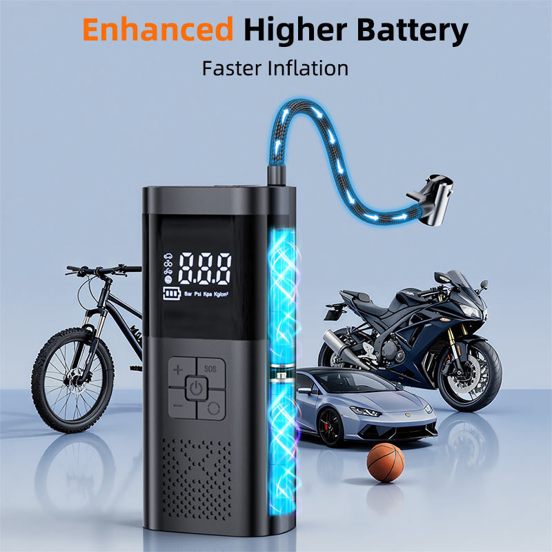Black cordless air pump with a lit hose beside a bicycle, motorbike, car and basketball