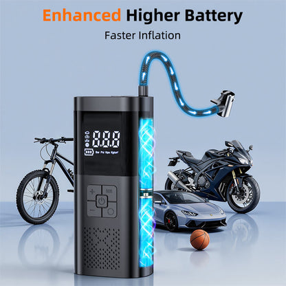 Black cordless air pump with a lit hose beside a bicycle, motorbike, car and basketball