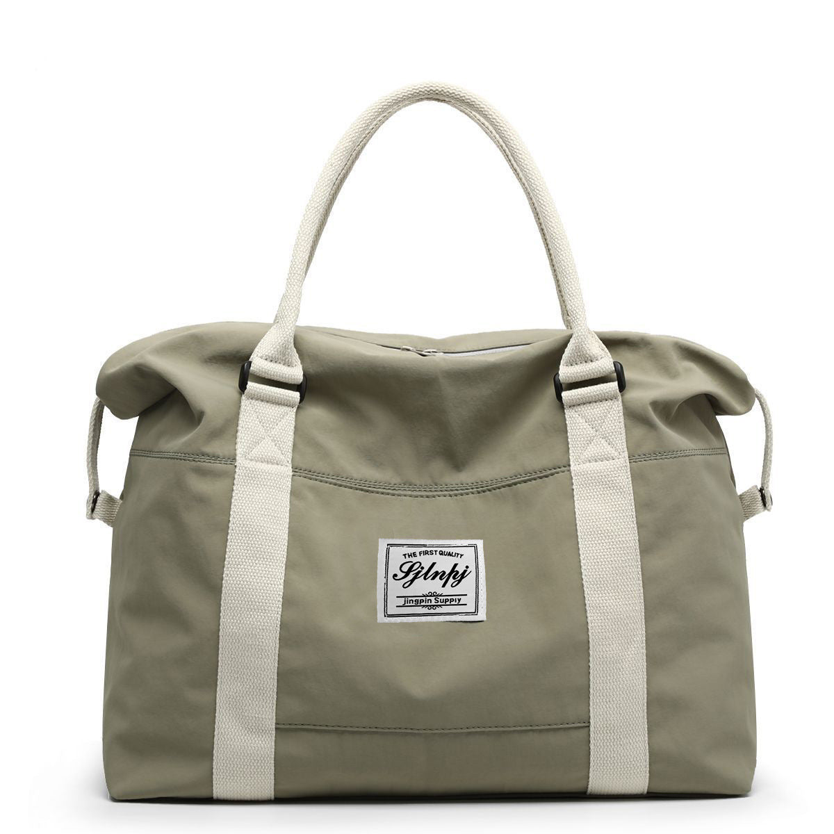 Light green nylon weekender bag, front view