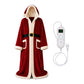 Red velvet hooded Christmas robe with white plush trim, black belt, front pockets and a heating controller