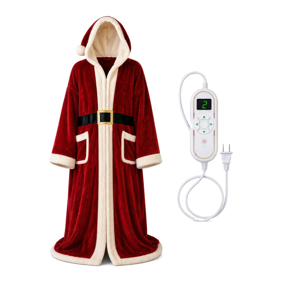 Red velvet hooded Christmas robe with white plush trim, black belt, front pockets and a heating controller