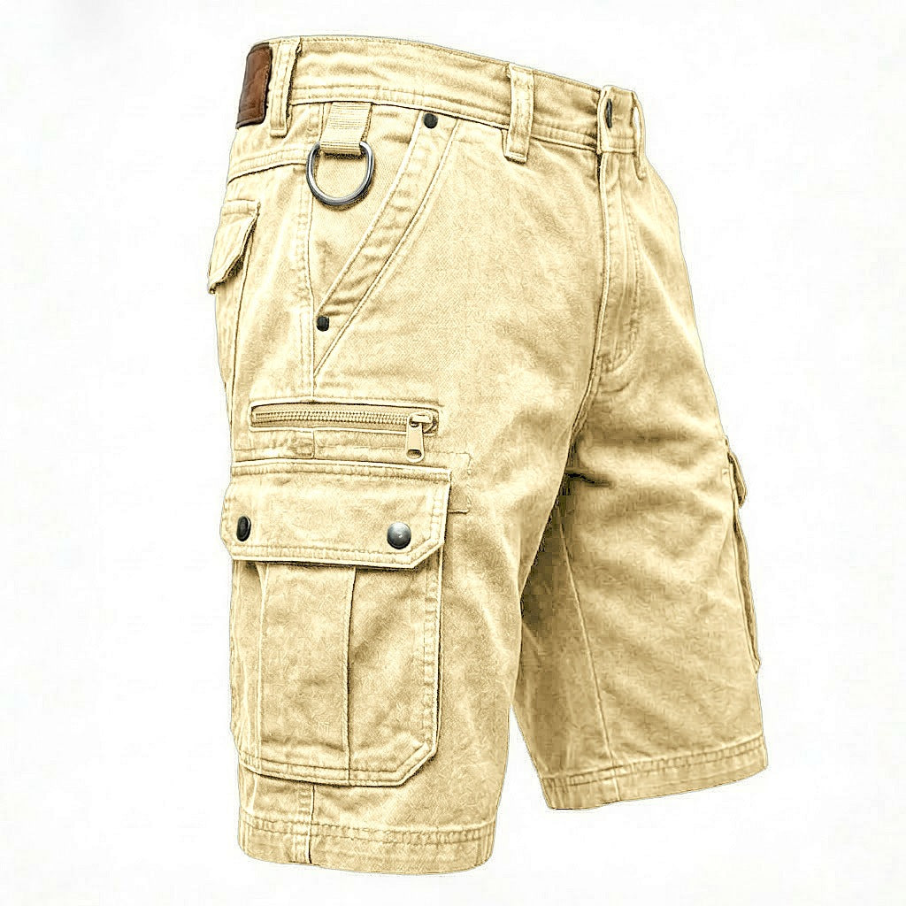 Washed cotton denim mens cargo shorts, detail of the back wallet pockets