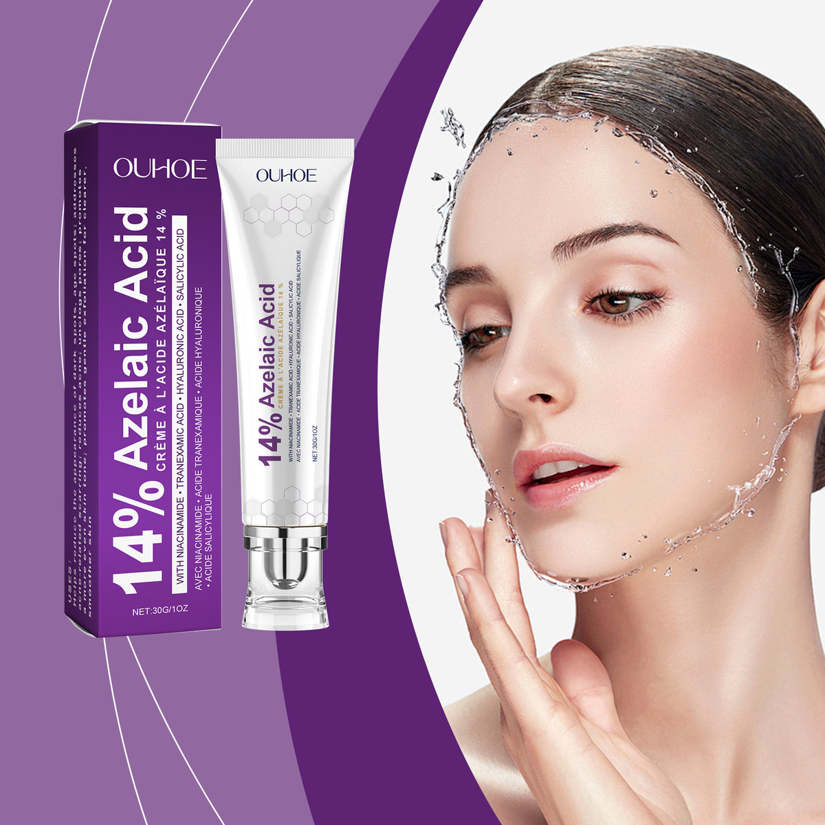 Ouhoe 14 percent azelaic acid face cream tube and purple carton shown beside a model