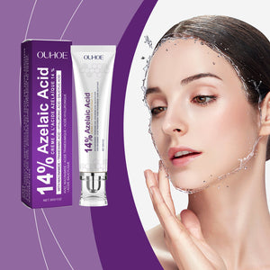 Ouhoe 14 percent azelaic acid face cream tube and purple carton shown beside a model