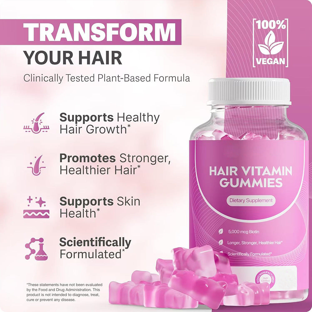 Hair growth gummies bottle in a morning kitchen scene beside a coffee mug