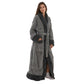 Woman wearing a long light gray flannel bathrobe with dark gray collar, cuffs and hem, light gray variant