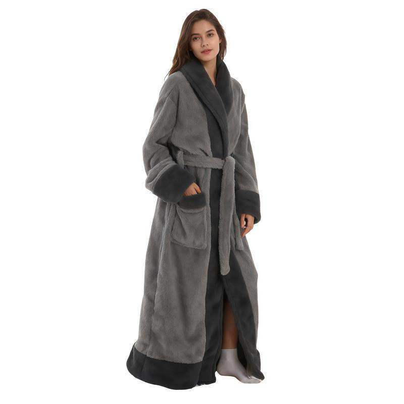 Woman wearing a long light gray flannel bathrobe with dark gray collar, cuffs and hem, light gray variant