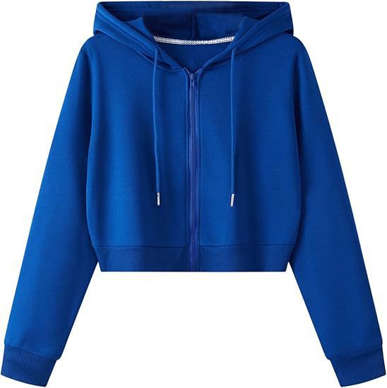 Womens cropped zip up hoodie with a drawstring hood, front view