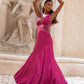 Magenta satin halter gown with the floor length skirt swirling, side view outdoors