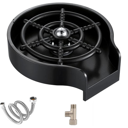Black automatic press cup and glass rinser base with a central spray nozzle and press arms