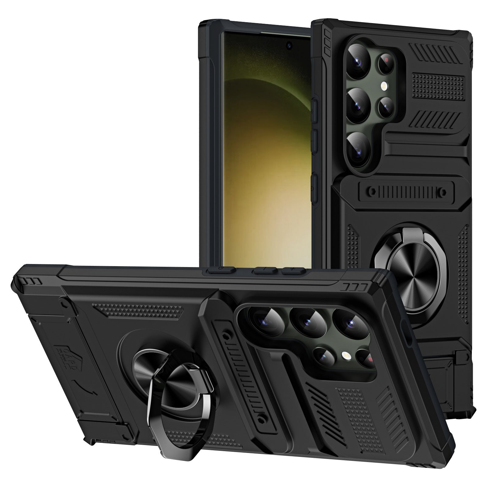 Black rugged Galaxy case, hinged metal ring on the back and ribbed textured panels