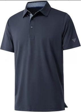 Men's short sleeve polo shirt with a solid body and a printed contrast collar, fitted cut in light polyester