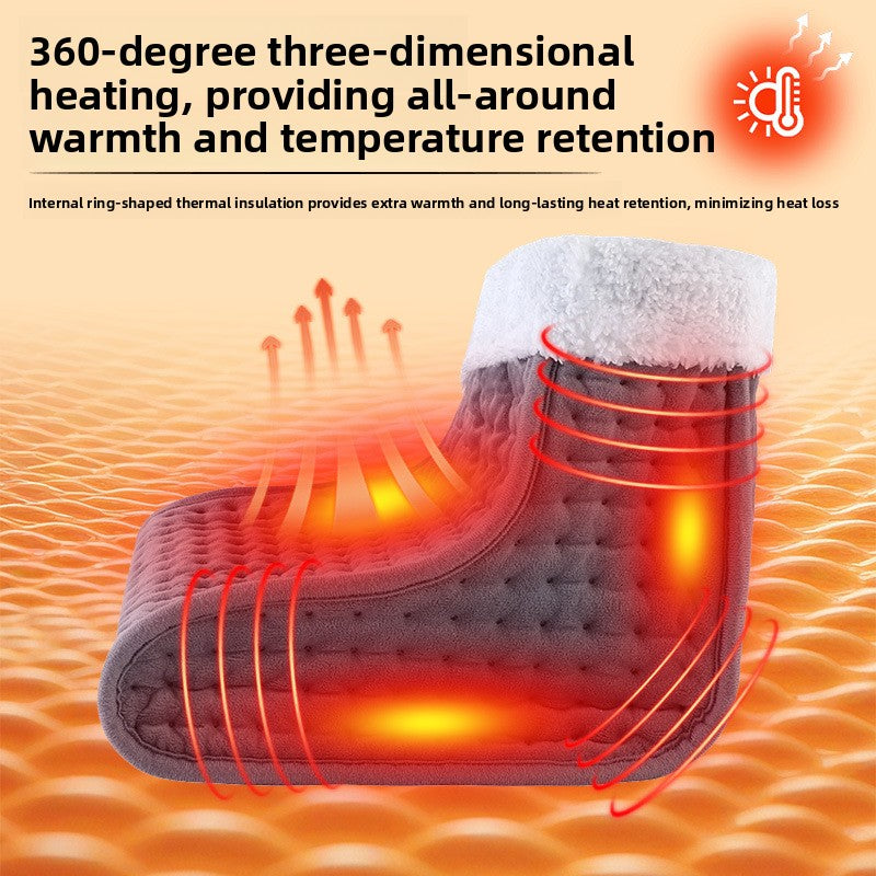 Illustrated panel showing the foot warmer with heat waves around the quilted boot-shaped pouch